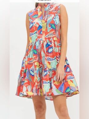 Oliphant Yoke Polly Coral Multi-Color Sleeveless Tiered Cotton Dress.